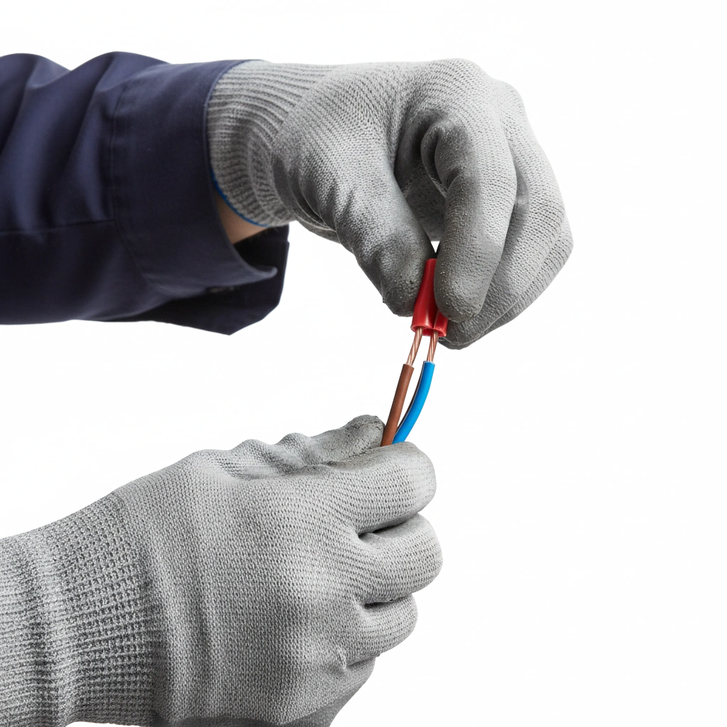 A master electrician's gloved hands wire-nutting copper conductors